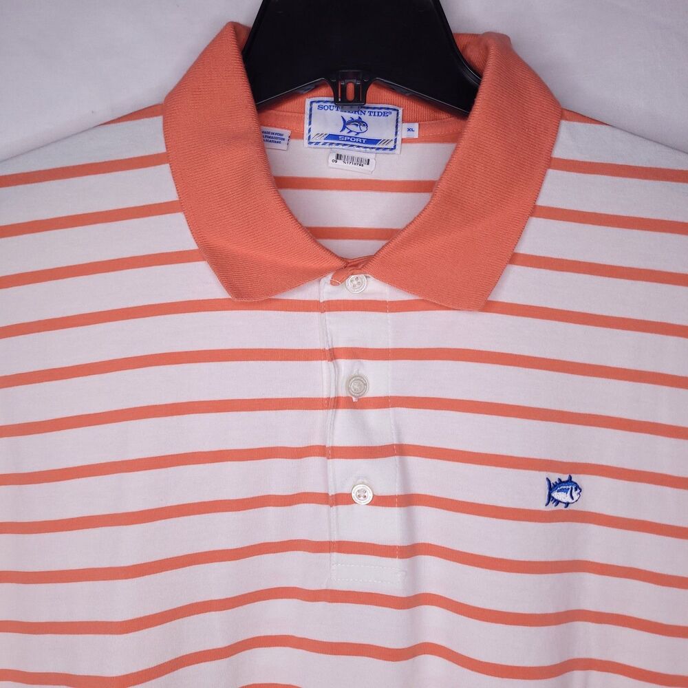 Southern Tide Polo Shirt Mens XL Striped White, Orange Sport Pima Cotton